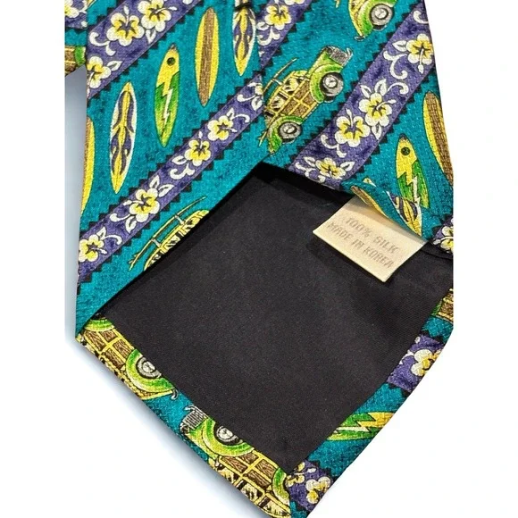 Vintage Hawaii Surf Tie 100% Silk Surf Board Vintage Car FUN RETRO Blue/Green - Picture 3 of 5